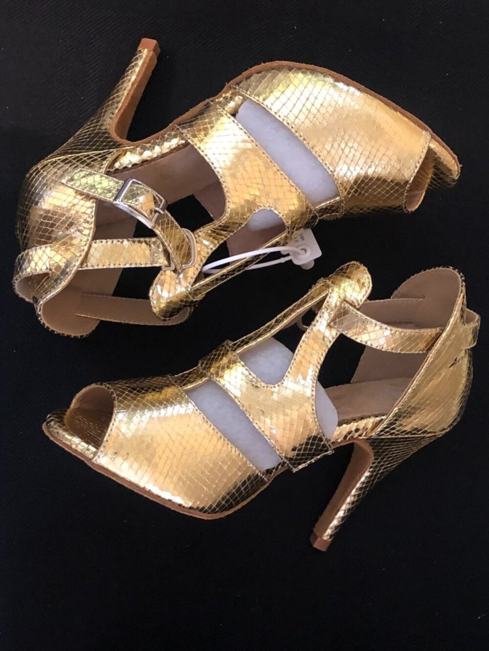 DanceandSway Gold Metallic Snakeskin Caged Salsa Dance Heels Size 6.5 NIB